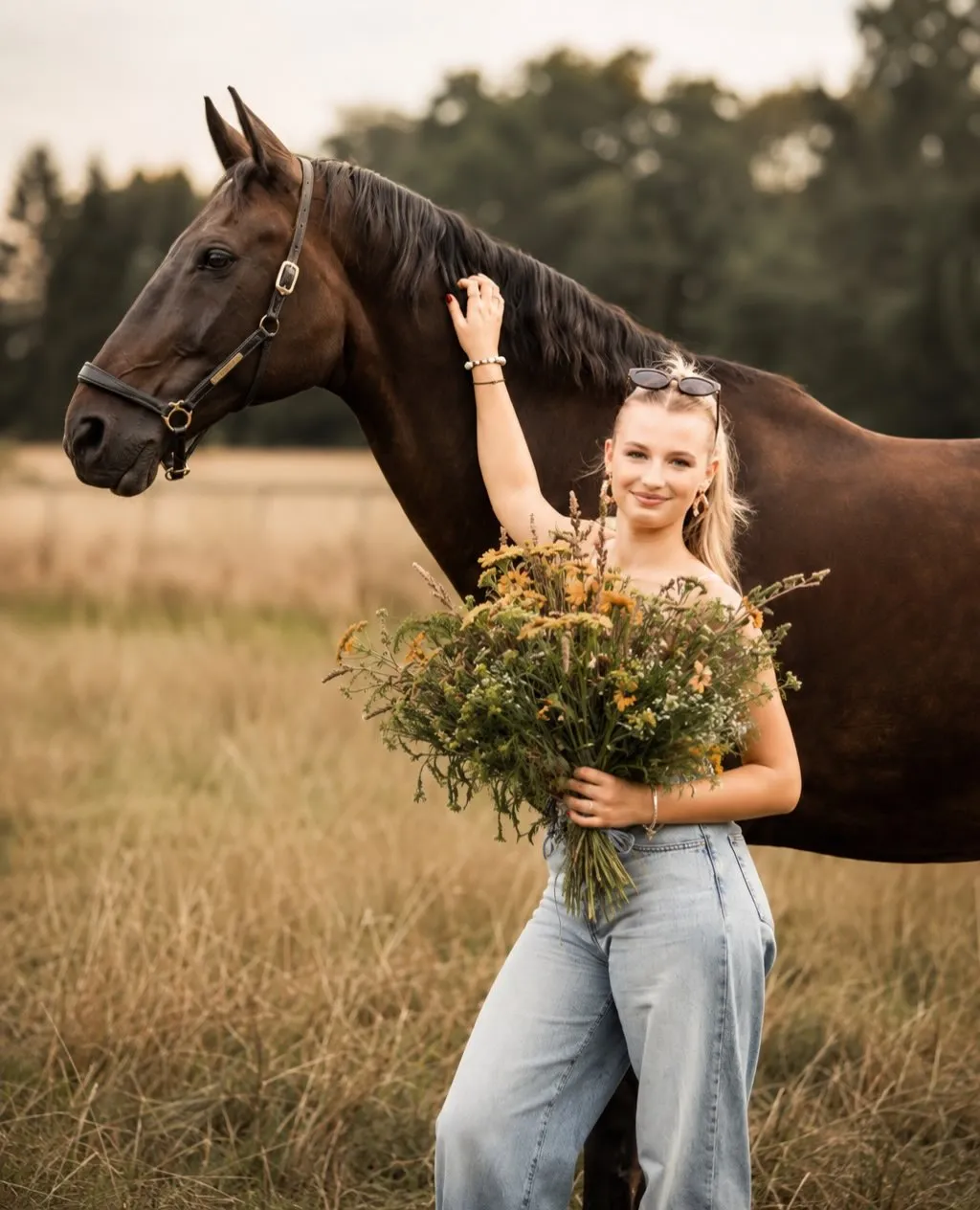 Ein Pferd mit seinem Menschen draussen im Sommer